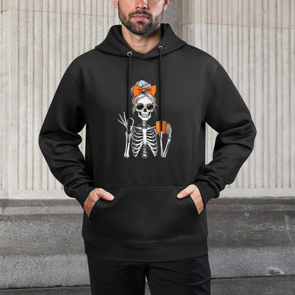 Womens Halloween Skeleton Messy Bun Coffee Funny Spooky Mom Adjustable Hood Hoodie