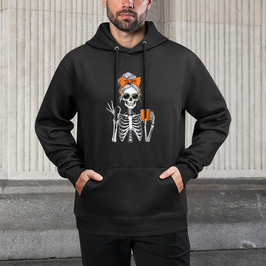 Womens Halloween Skeleton Messy Bun Coffee Funny Spooky Mom Adjustable Hood Hoodie