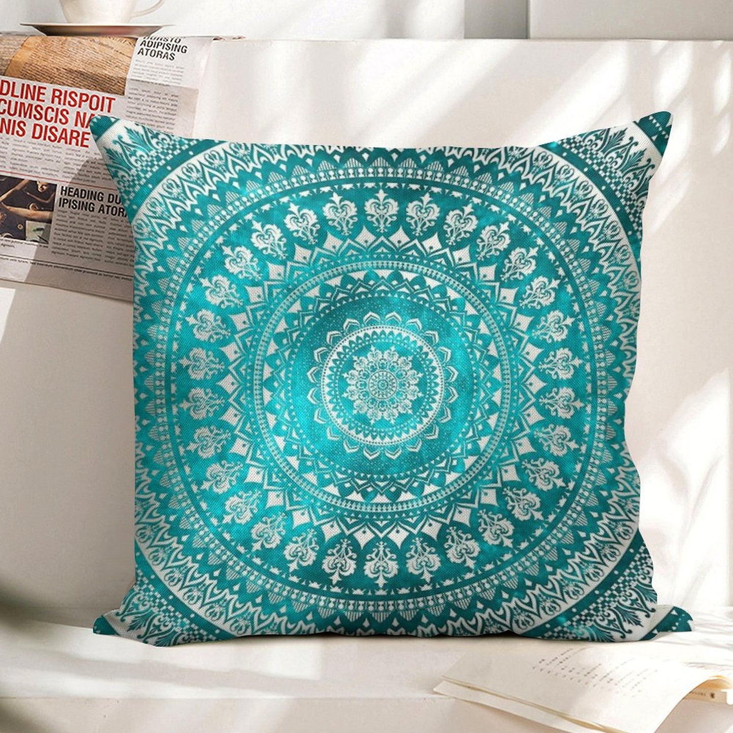 Mandala Turquoise Linen Throw Pillow Cover