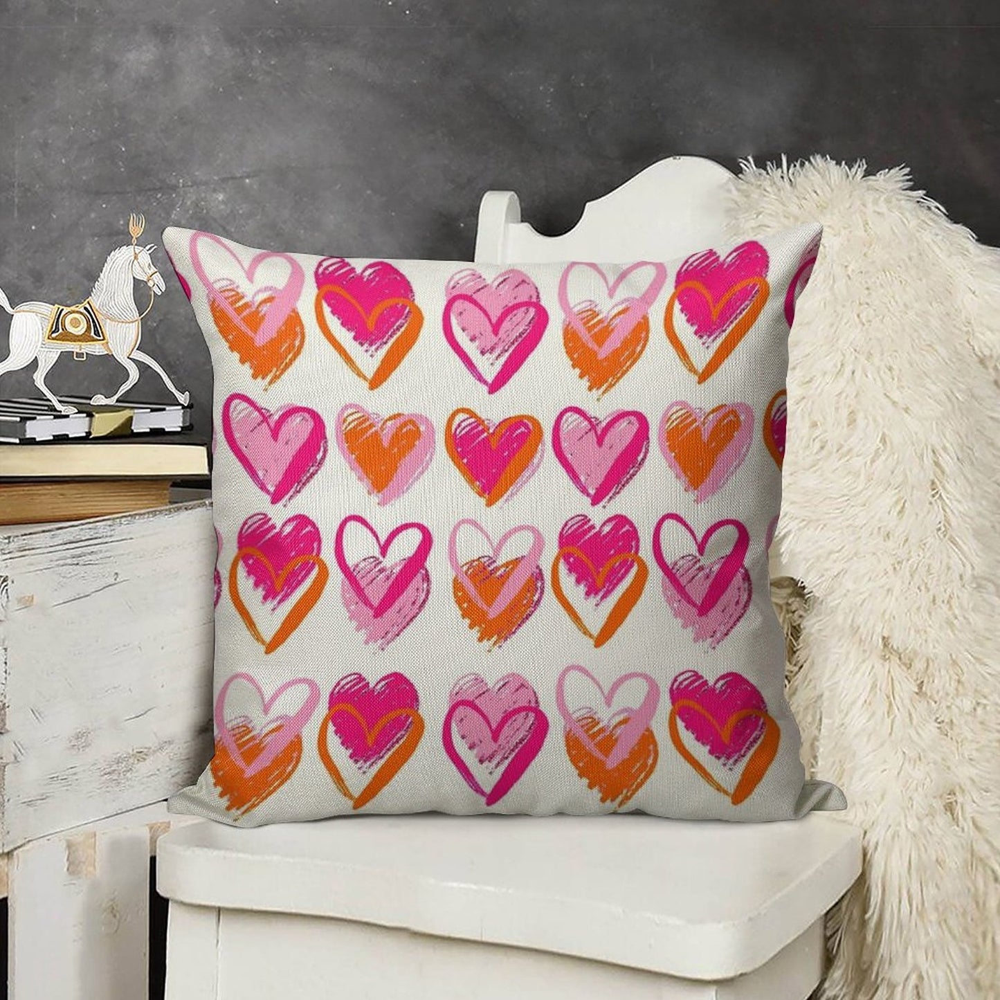 Pink And Orange Hearts Linen Throw Pillow Cover