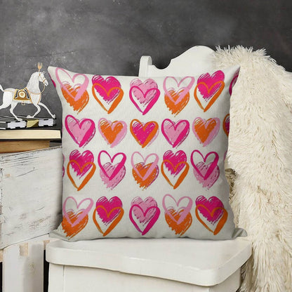 Pink And Orange Hearts Linen Throw Pillow Cover