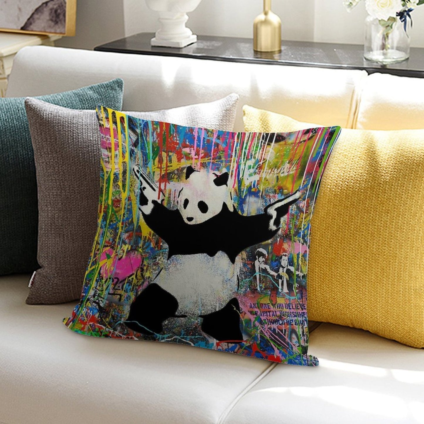 Panda With Guns Stick Em Up - Pop Street Art Banksy Soft Luxury Feel Throw Pillow