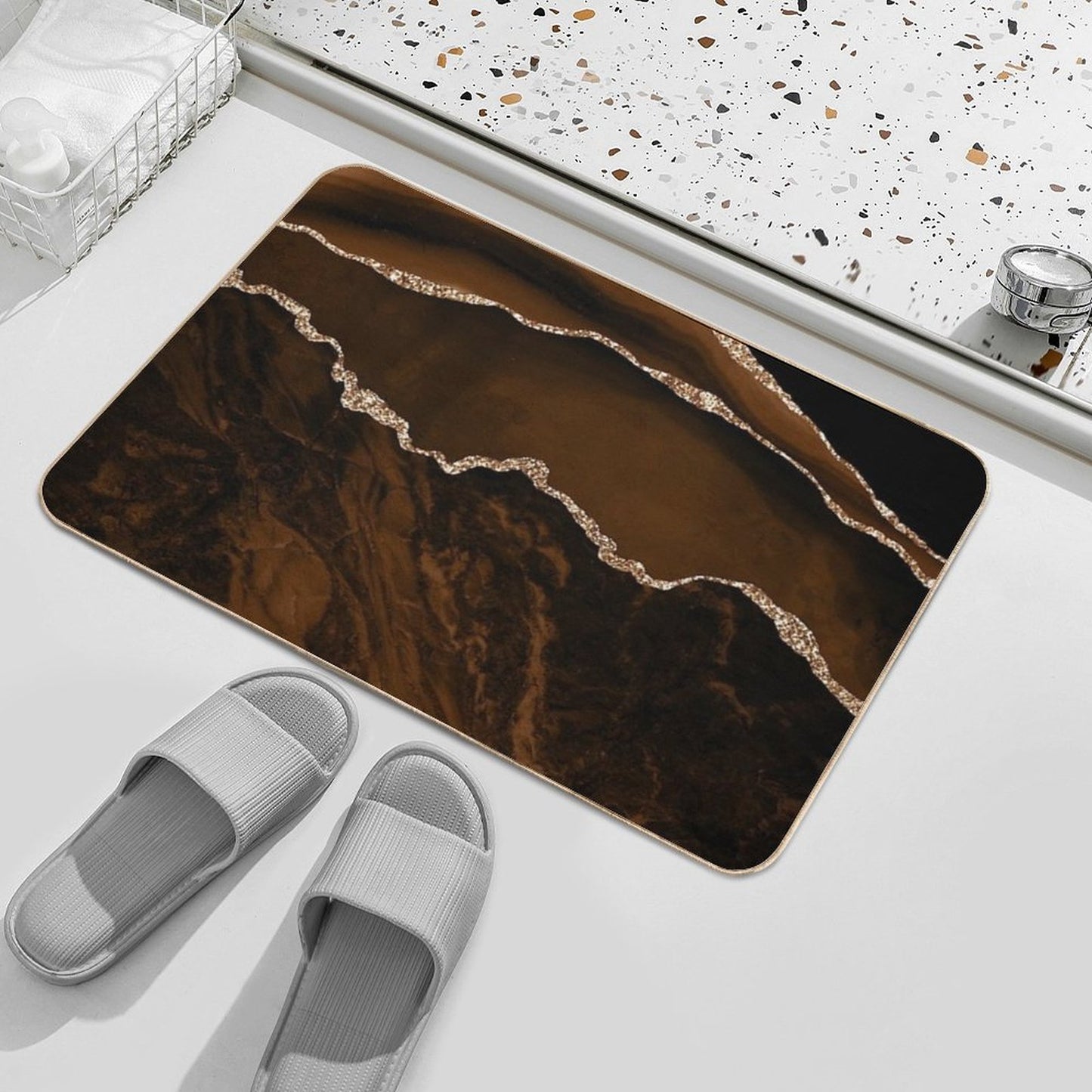 Abstract Brown & Gold Modern Geode Agate Design Bath Mat