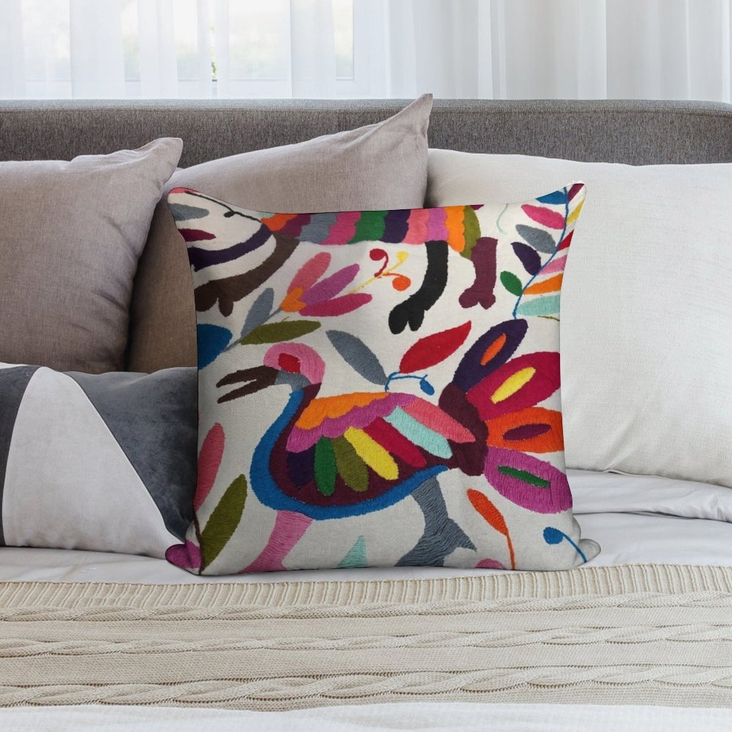 Mexican Otomi Embroidery Soft Washable Throw Pillow