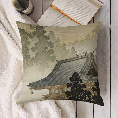 Pagoda - Japanese Art 1900s Linen Throw Pillow Cover