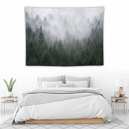 Home Is A Feeling   Misty Retro Fall Wilderness Fairytale Evergreen Forest With Trees Covered In Magic Fog Season Tapestry
