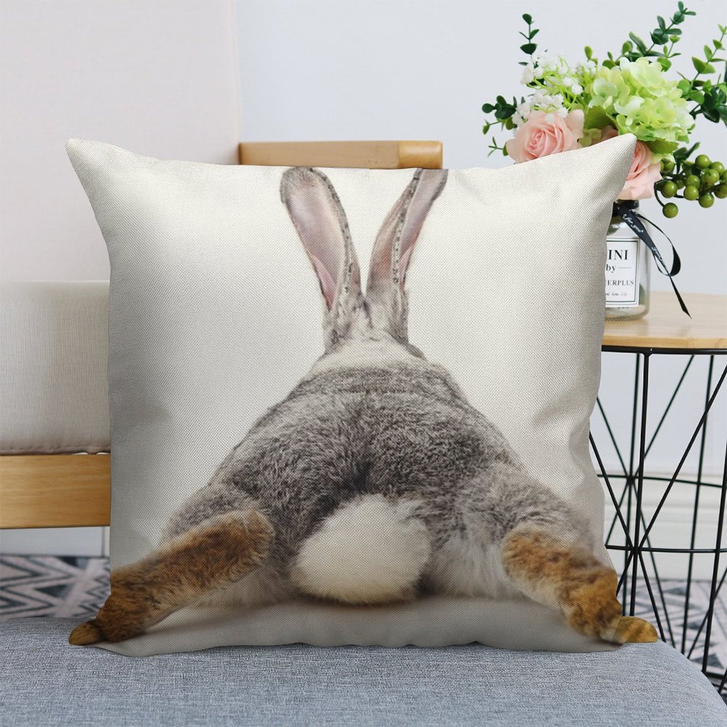 Just Relax Rabbit - View from Behind Linen Throw Pillow Cover