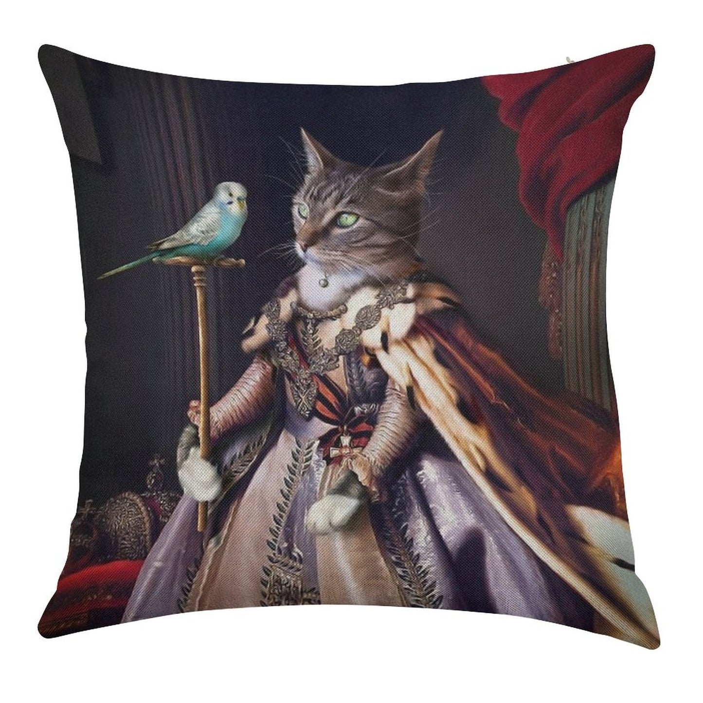 Cat And Budgie Portrait -  Big Cat And Cyril Linen Throw Pillow Cover