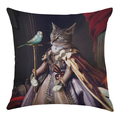 Cat And Budgie Portrait -  Big Cat And Cyril Linen Throw Pillow Cover