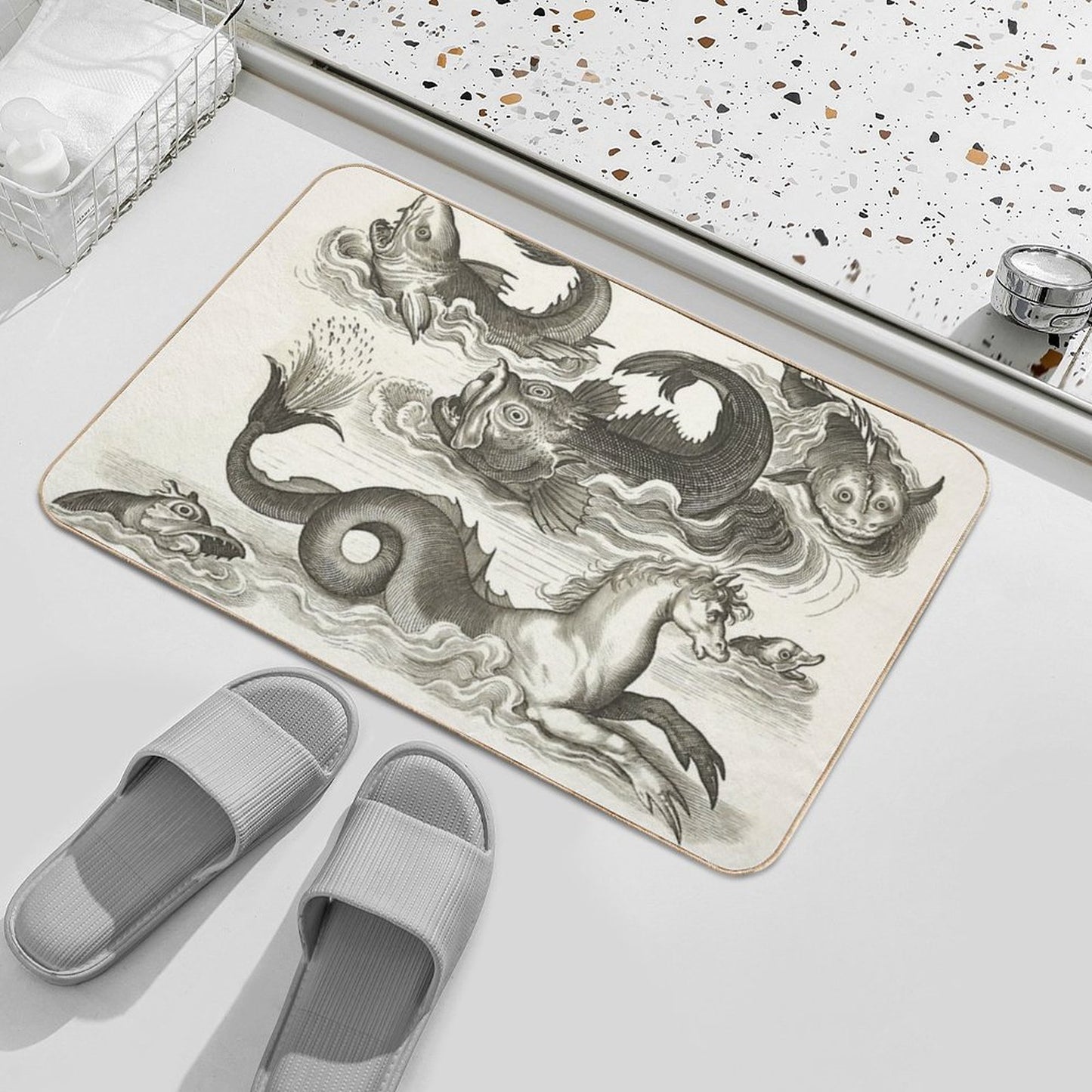 MEDIEVAL BESTIARY,Black White Fantastic Aquatic Animals And Sea Horse of Neptune Bath Mat