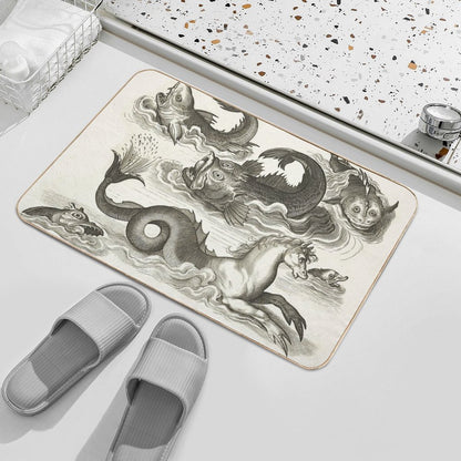MEDIEVAL BESTIARY,Black White Fantastic Aquatic Animals And Sea Horse of Neptune Bath Mat