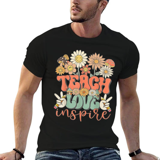 Teach Love Inspire Retro Groovy Daisy Back To School Teacher T-Shirt