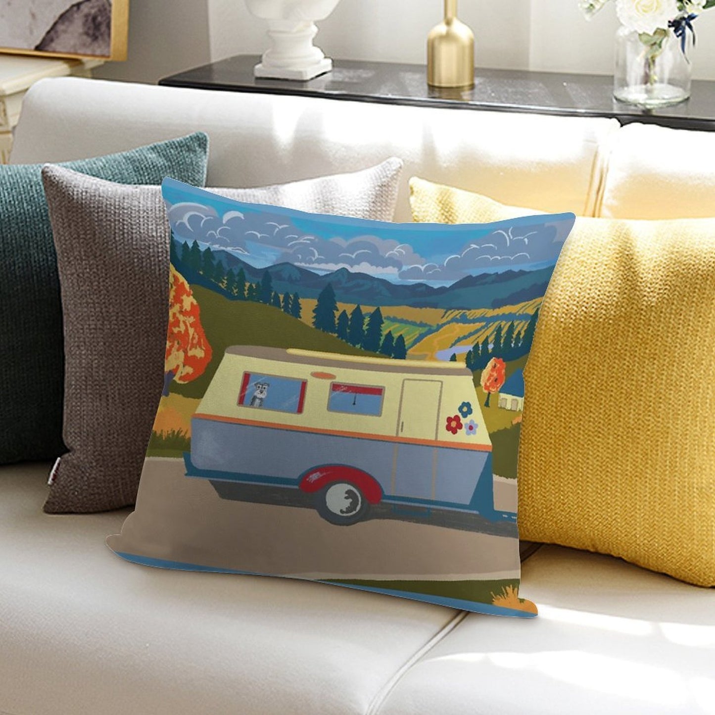 Vintage Caravan on Tour (with A Schnauzer!) Soft Multiple Sizes Throw Pillow