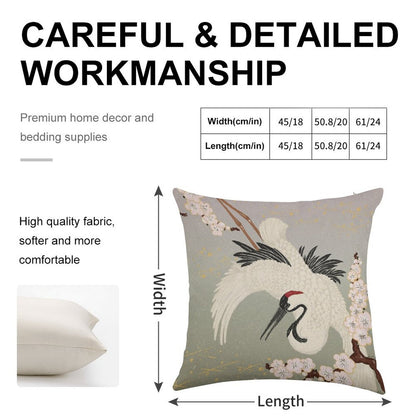 Japanese Crane Linen Throw Pillow Cover