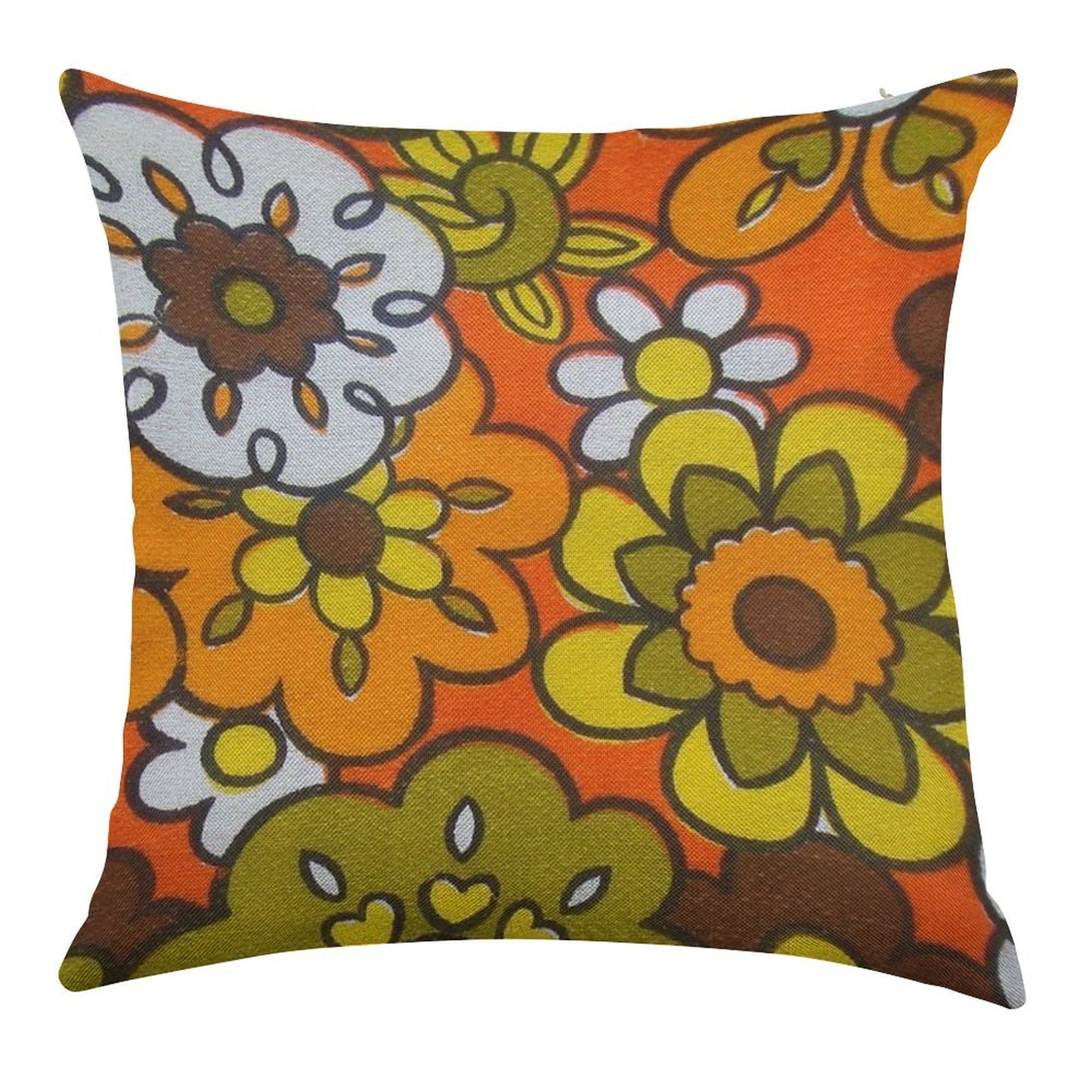Retro Cool Mid Century Floral Fabric Design in Avocado Green, Harvest Gold, Brown, And Orange Linen Throw Pillow Cover