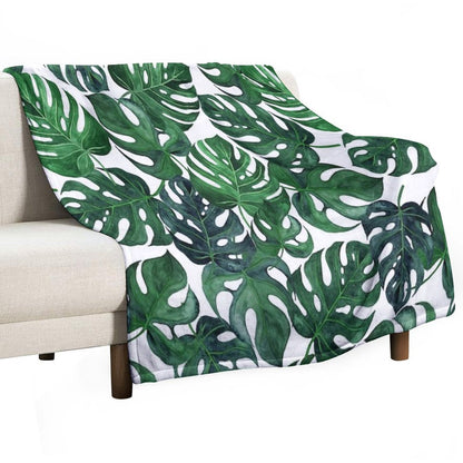 Tropical Monstera Leaves - Dark Emerald Green Throw Blanket