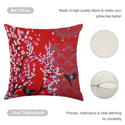 Red Cherry Blossom Linen Throw Pillow Cover