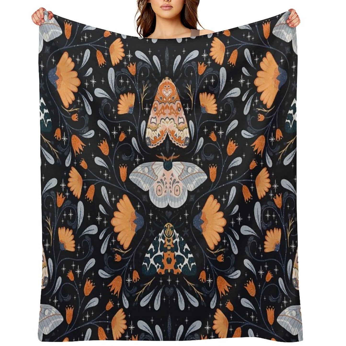 Floral Moths  Black Throw Blanket