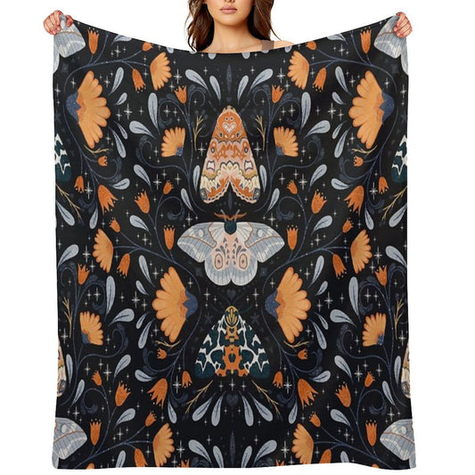 Floral Moths  Black Throw Blanket