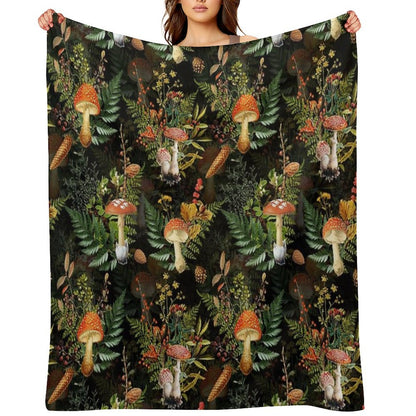 Vintage Midnight Toadstools in The Forest Botanical Night Garden on Black Nightgarden Throw Blanket
