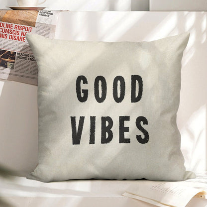 Grungy Distressed Ink Good Vibes  Black on Off-White Linen Throw Pillow Cover