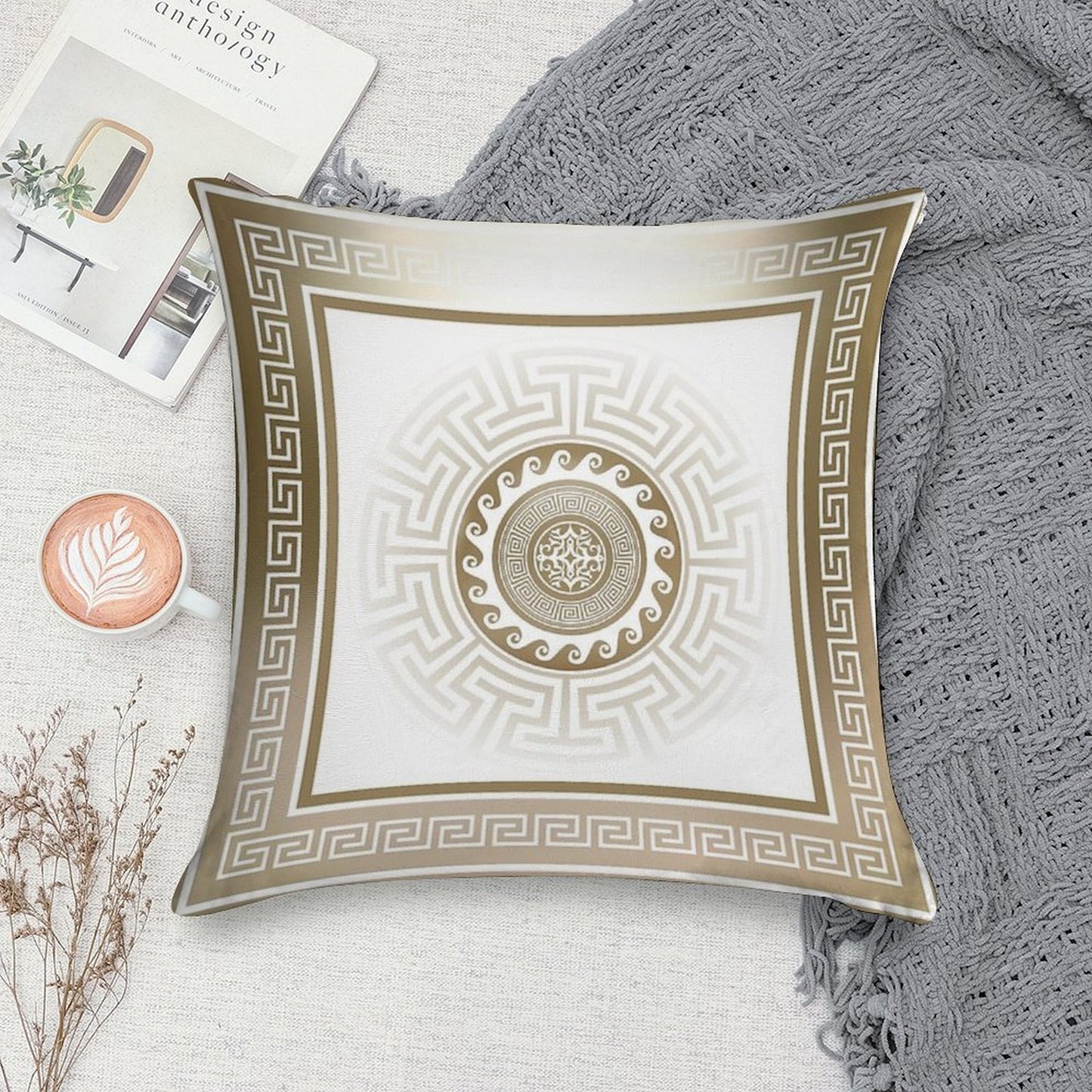 Greek Key Meander Bronze White Soft Fade-Resistant Throw Pillow