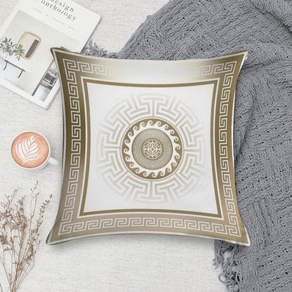 Greek Key Meander Bronze White Soft Fade-Resistant Throw Pillow