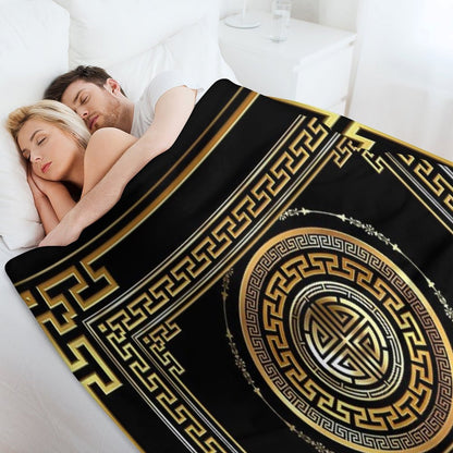 Greek Key Meander Black Gold Large Throw Blanket
