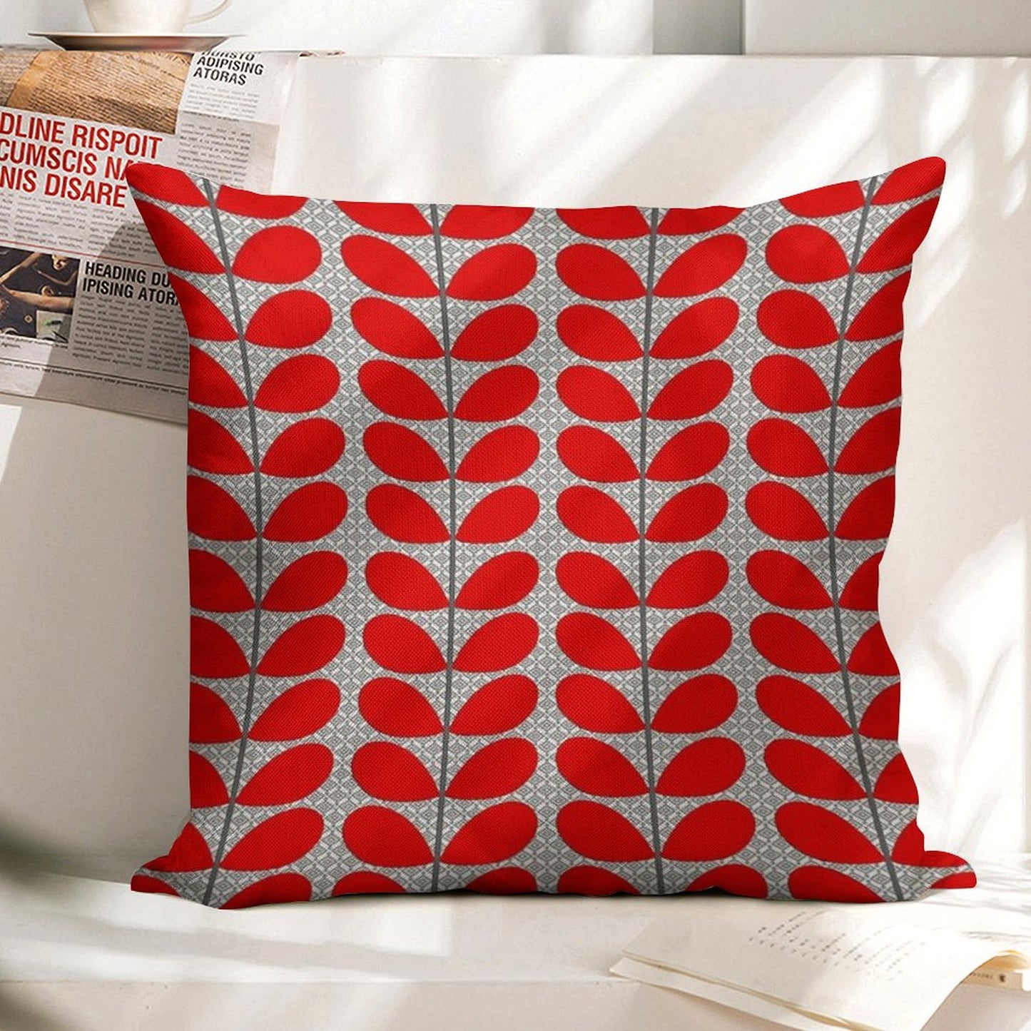 Mid-Century Danish Leaves, Deep Red And Gray Linen Throw Pillow Cover