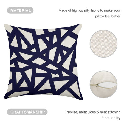 Navy Blue Thick Mosaic Lines On White Linen Throw Pillow Cover