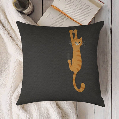 Orange Tabby Cat Hanging On  Funny Striped Cat Linen Throw Pillow Cover