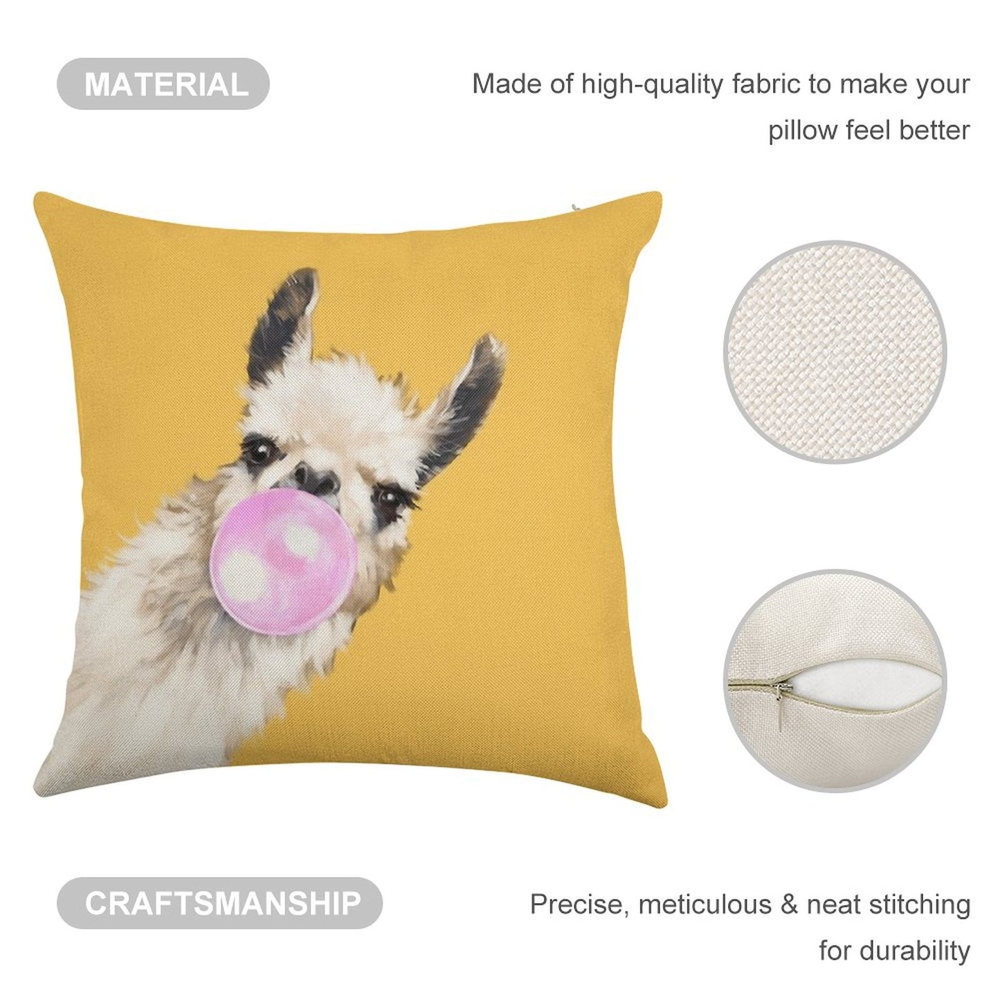 Bubble Gum Sneaky Llama in Mustard Yellow Linen Throw Pillow Cover