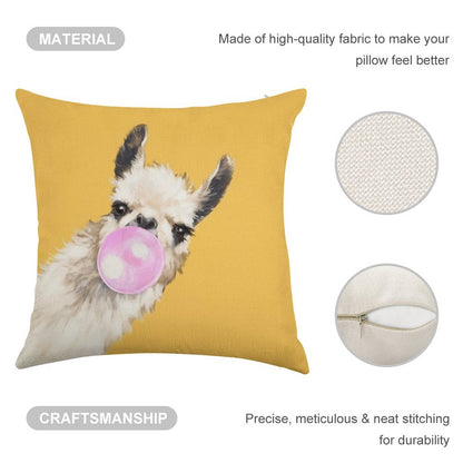 Bubble Gum Sneaky Llama in Mustard Yellow Linen Throw Pillow Cover