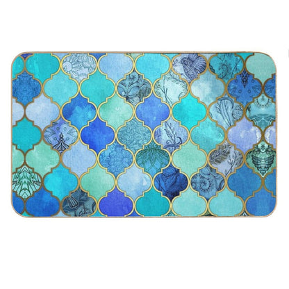 Cobalt Blue, Aqua & Gold Decorative Moroccan Tile Pattern Bath Mat