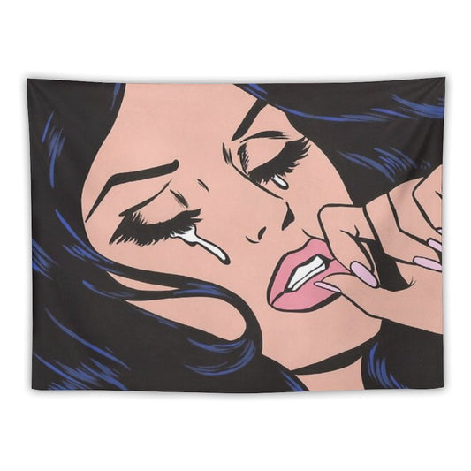 Black Hair Crying Comic Girl Tapestry