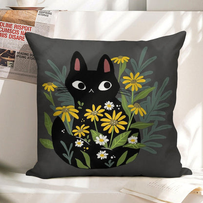 Black Cat with Flowers Linen Throw Pillow Cover