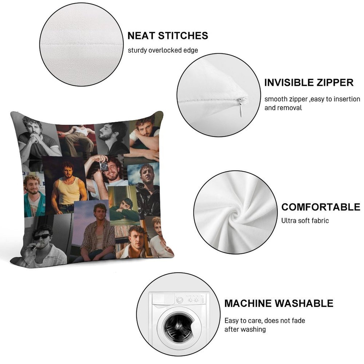 Paul Mescal Collage Soft Durable Construction Throw Pillow