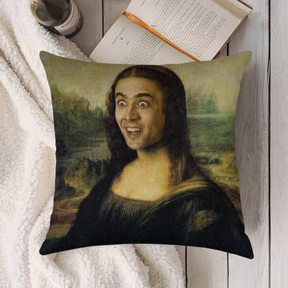 Nicolas Cage As The Mona Lisa Linen Throw Pillow Cover