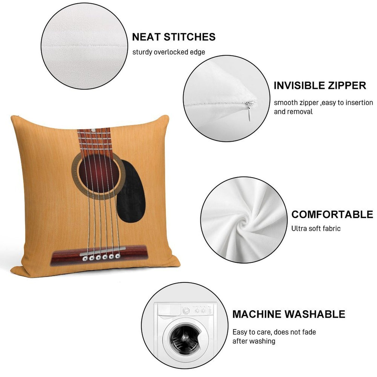 Acoustic Guitar Soft Washable Throw Pillow