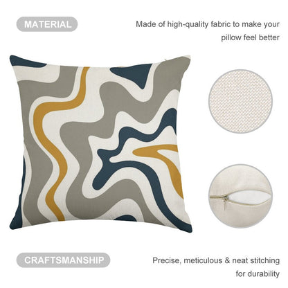Liquid Swirl Contemporary Abstract in Mustard Yellow, Navy Blue, Grey, And White Linen Throw Pillow Cover