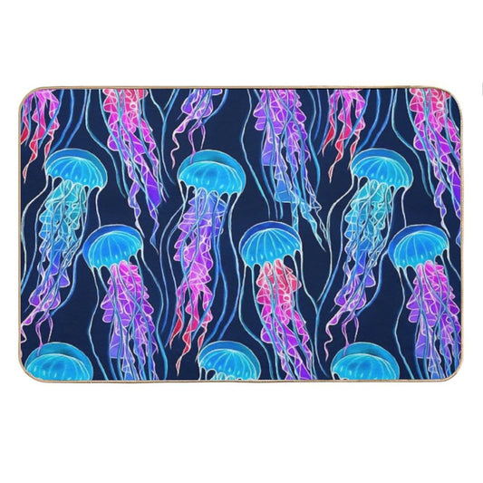 Luminescent Rainbow Jellyfish on Navy Blue Bath Mat
