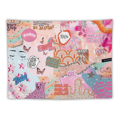 Pink And Blue Girl Power Collage Tapestry