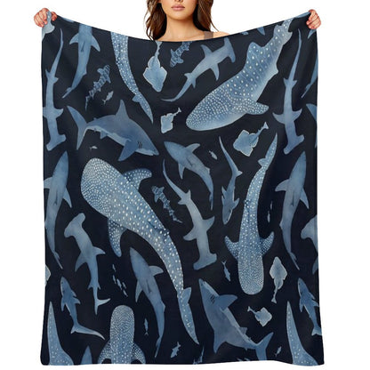 Monochrome Blue Watercolour Shark Ocean on Black Throw Blanket