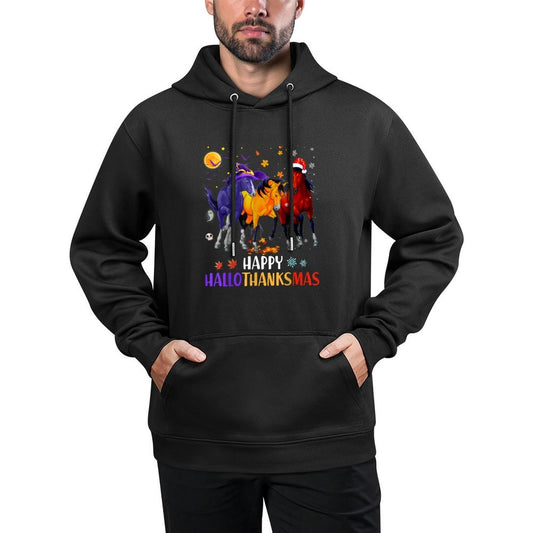 Happy Hallothanksmas Horse Halloween Thanksgiving Christmas Shape Retention Hoodie