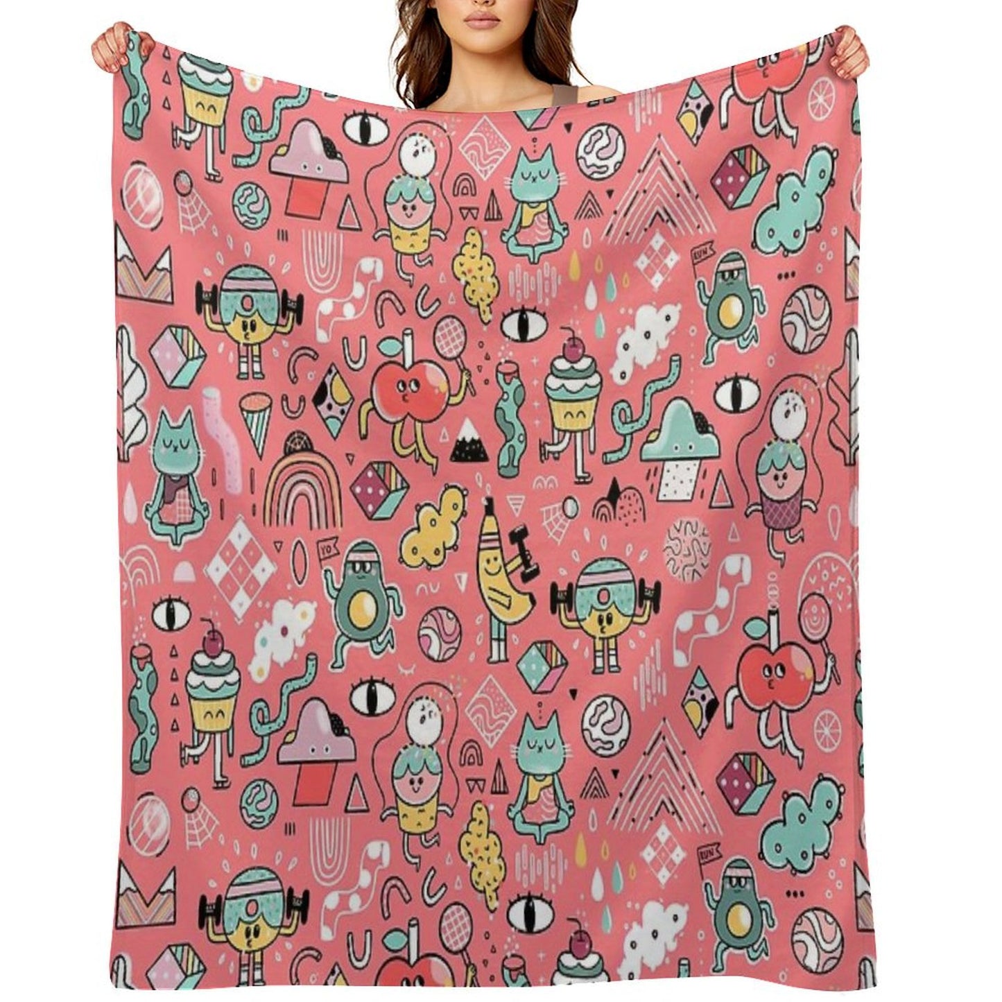 Funny Crazy Avocado, Banana, Ice Cream, Apple, Cat, Cupcake. Fitness Food. Throw Blanket