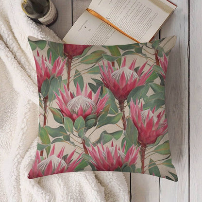 Painted King Proteas on Cream Linen Throw Pillow Cover