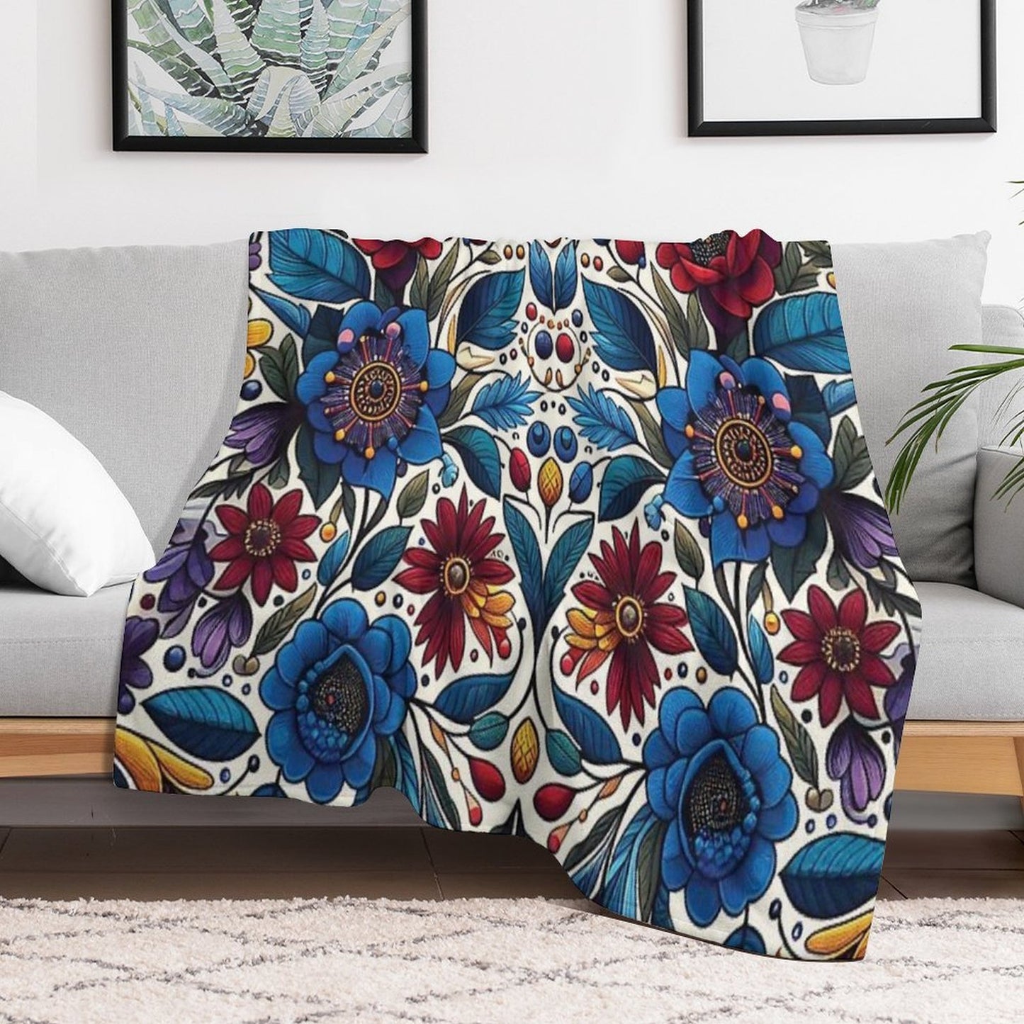 Deep Blue Ojibwe Bloom – Indigenous Floral Folk Art Throw Blanket