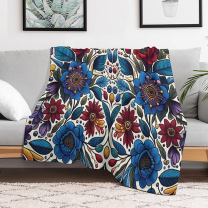Deep Blue Ojibwe Bloom – Indigenous Floral Folk Art Throw Blanket
