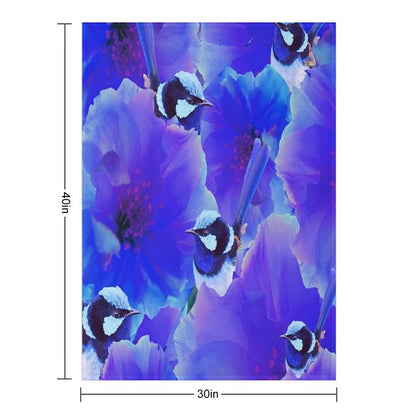 Bluetiful - Spot The Wren - Blossom Floral & Blue Wren Behind Black Throw Blanket