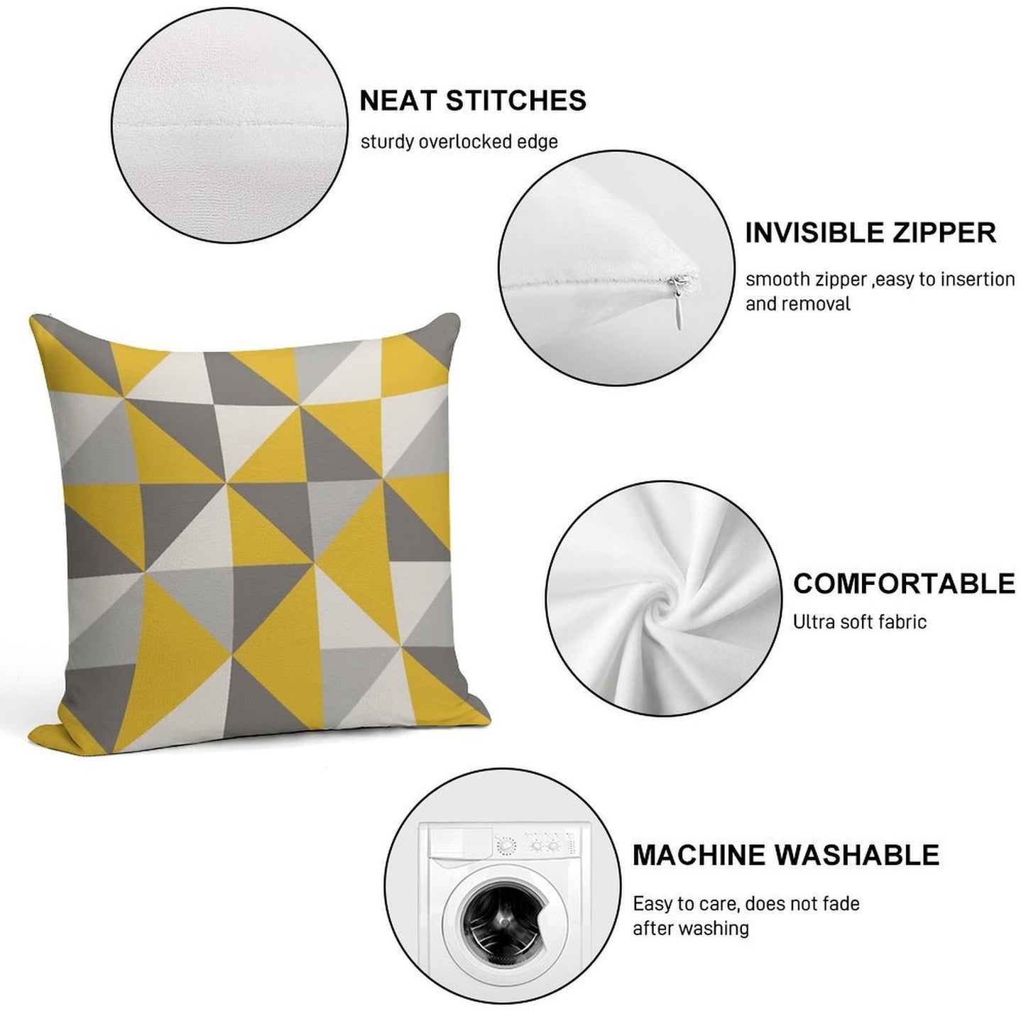 Retro Triangle Design in Yellow And Grey Soft Skin-Friendly Throw Pillow